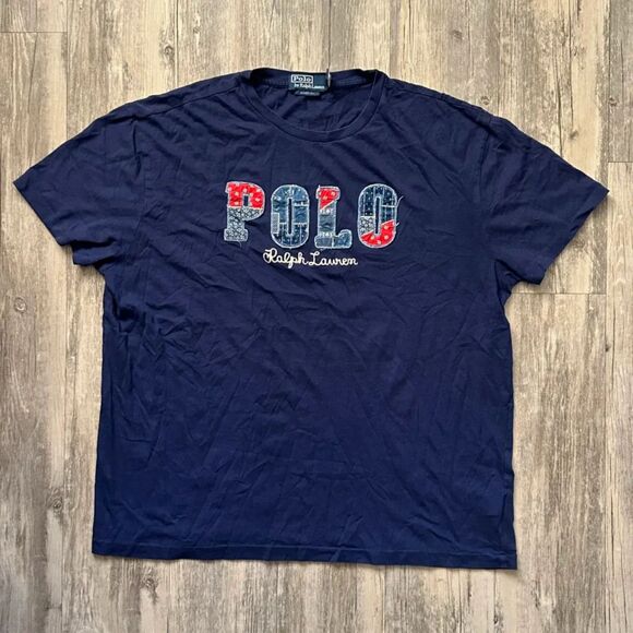 Polo Ralph Lauren Chain Stitched Denim Patchwork Spellout T Shirt Size L - Picture 1 of 5